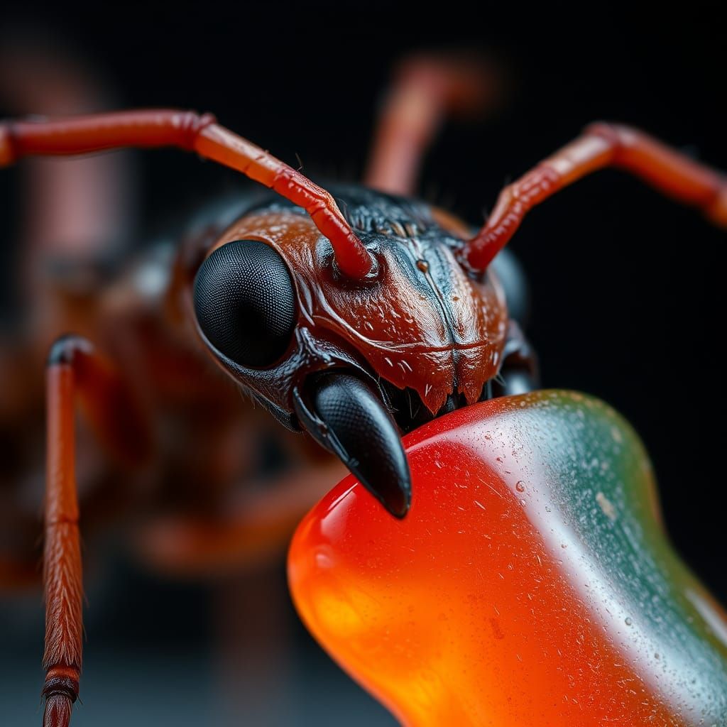 Macro Photo: Ant's Head Gripping a Gummy Bear
