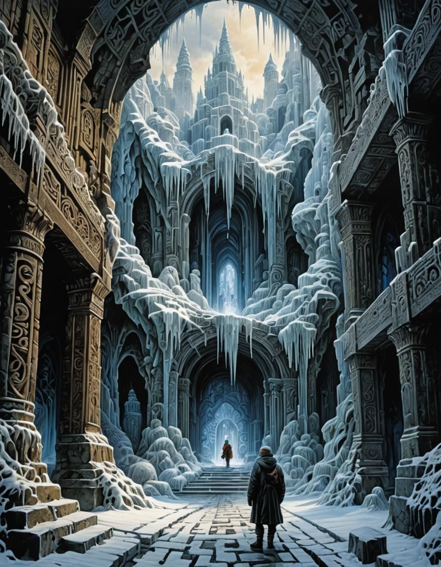 Icy Labyrinth: Cinematic Film Still in Oil Painting Style