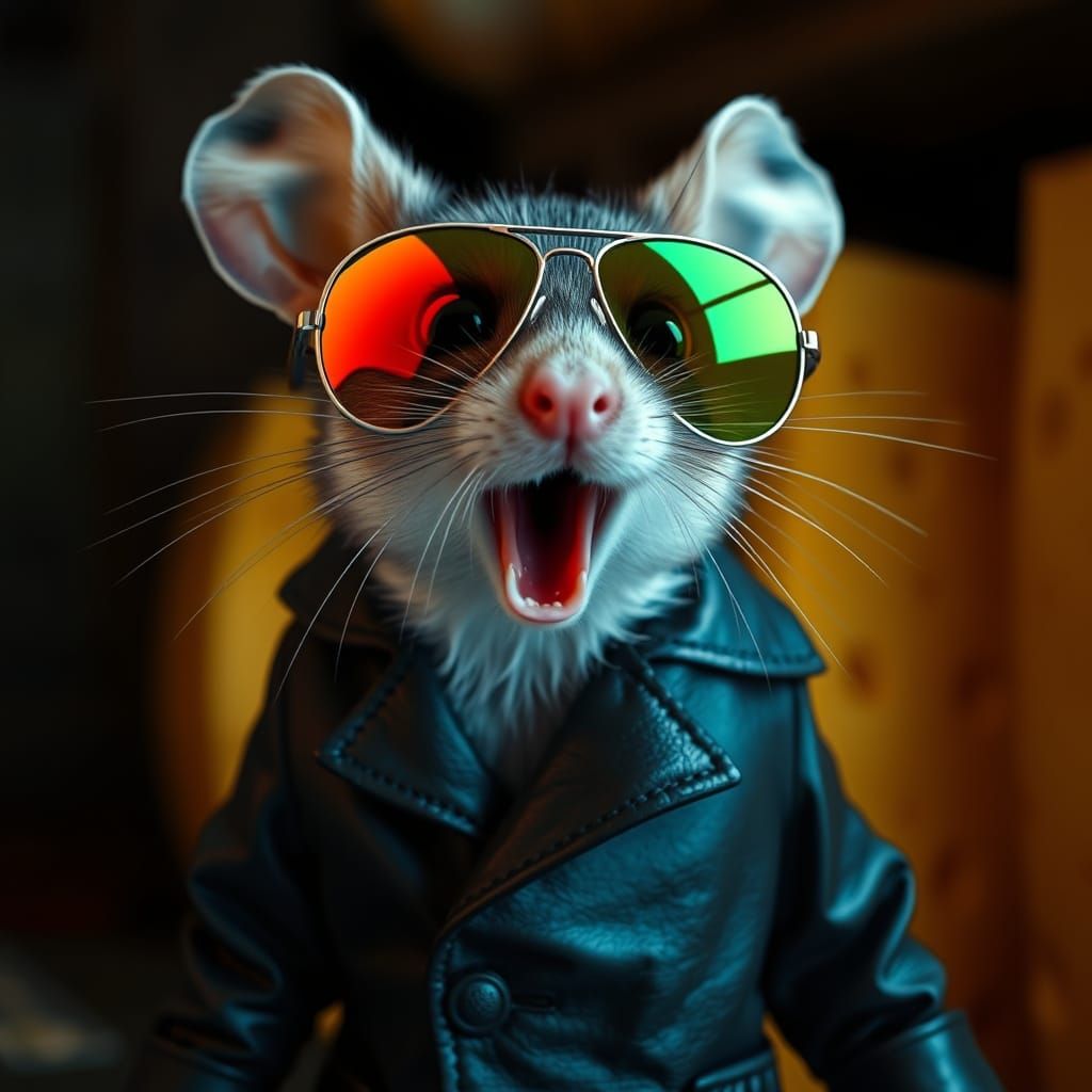 Mouse in Aviators with Cheese Wheel Reflection