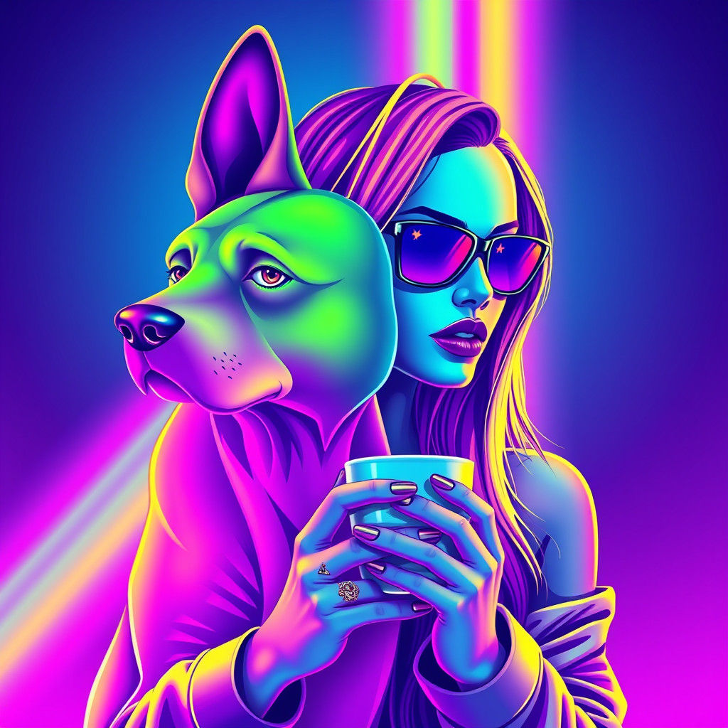 Neon Dog and Cyberpunk Woman in Psychedelic Vector Art