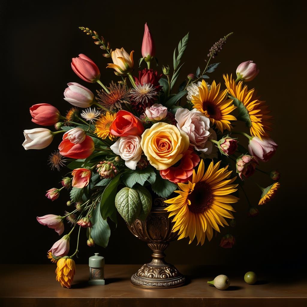 Exotic Flowers in Gilded Vase, 17th-Century Dutch Master Sty...