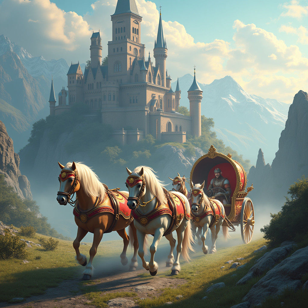 Majestic Horses Pulling Carriage Away From Castle