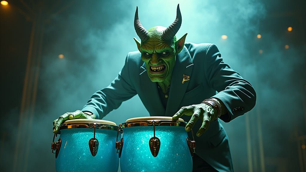 Frustrated Demon Plays Conga in Psychedelic Art Deco Jazz Cl...