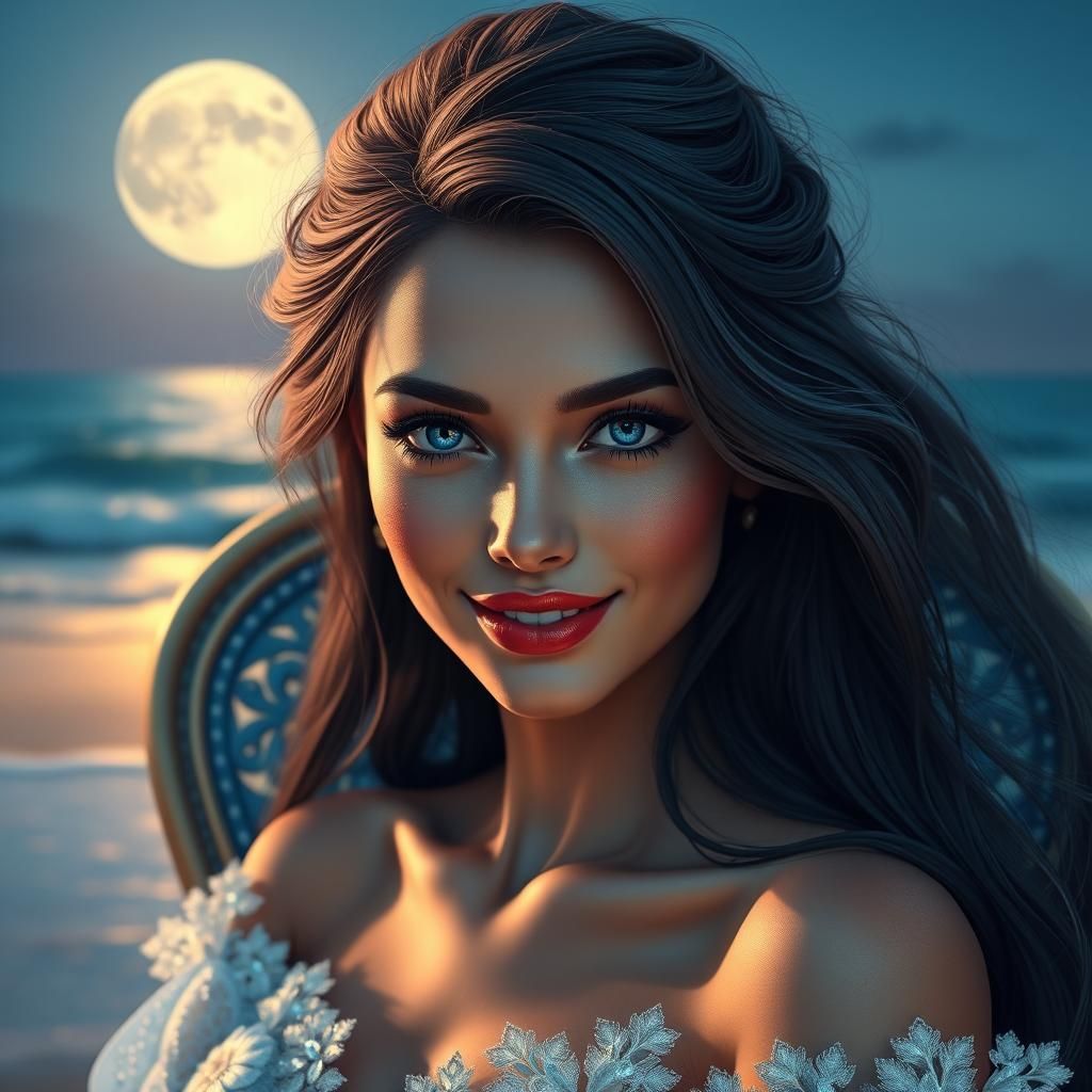 Stunning Woman on Beach with Moonlit Backdrop