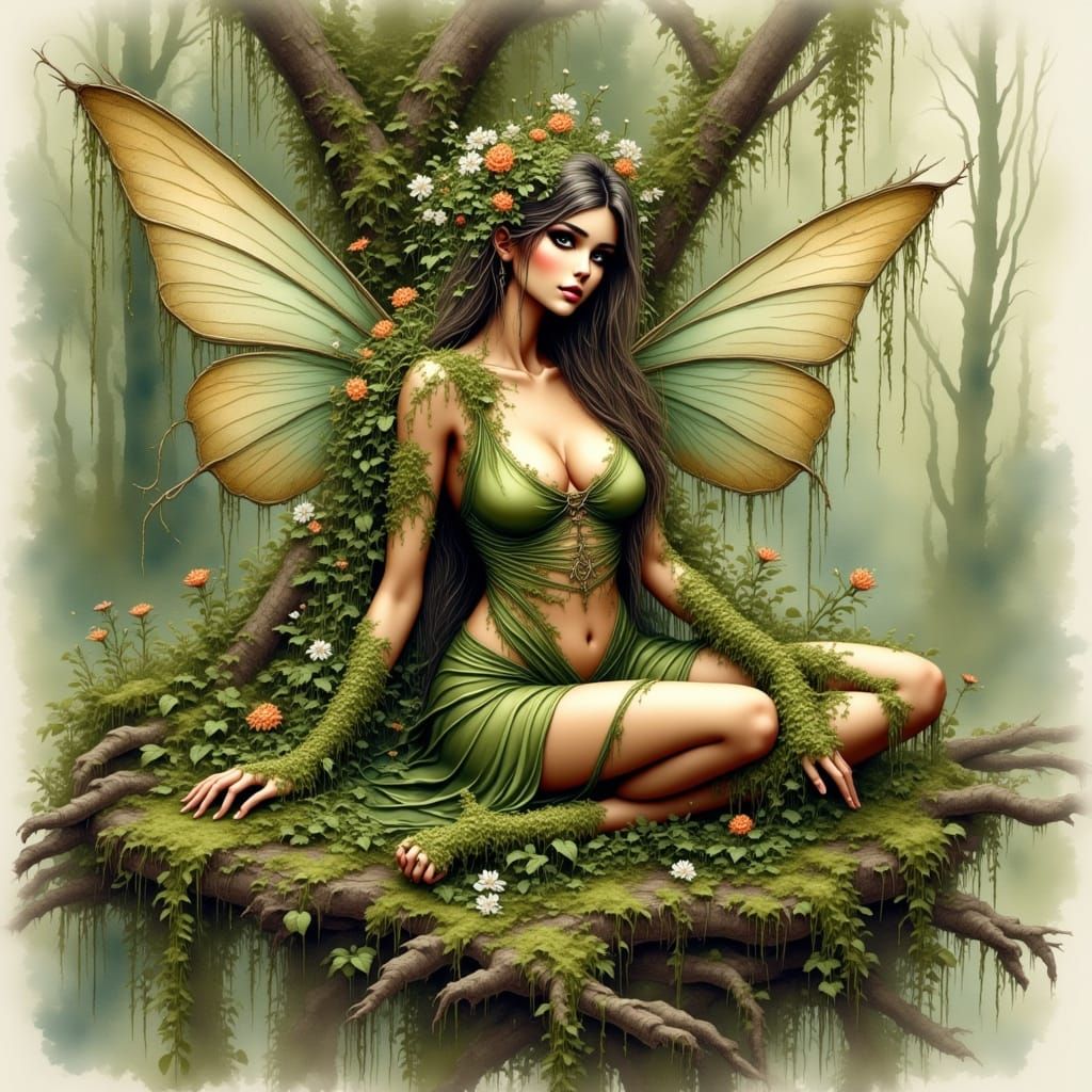 Swamp Fairy in Antique Watercolor Style