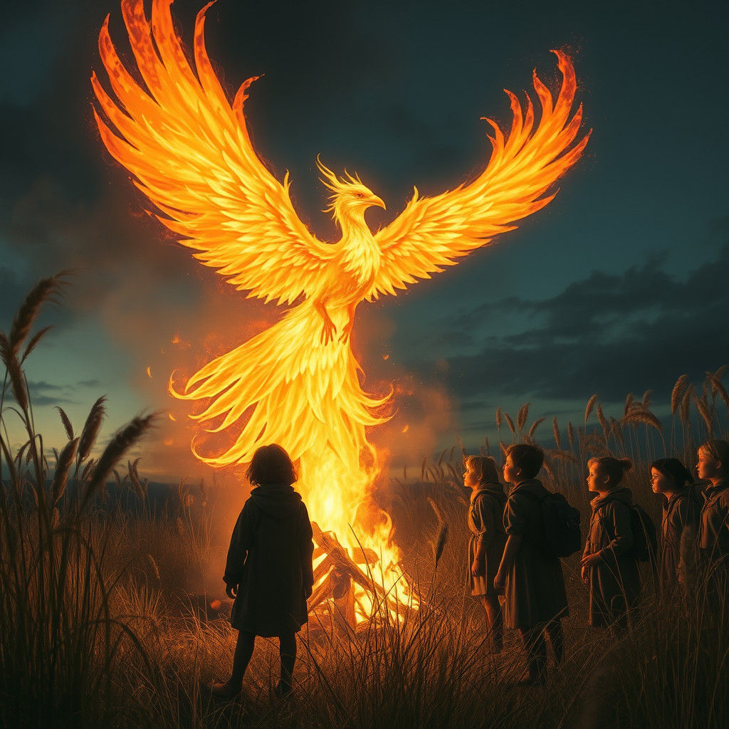 Phoenix Rising from Bonfire, Cinematic Fantasy Art