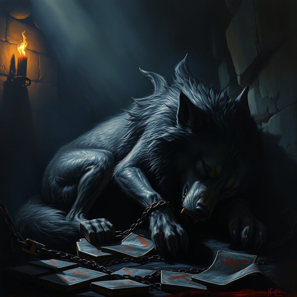 Chained Fenris in Shadows: A Dramatic Wolf Portrait