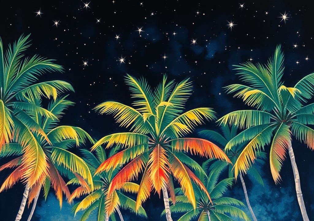 Palm Trees Under a Starry Night Sky Watercolour