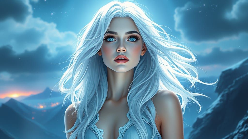 Heroic White-Haired Woman in Mystical Landscape