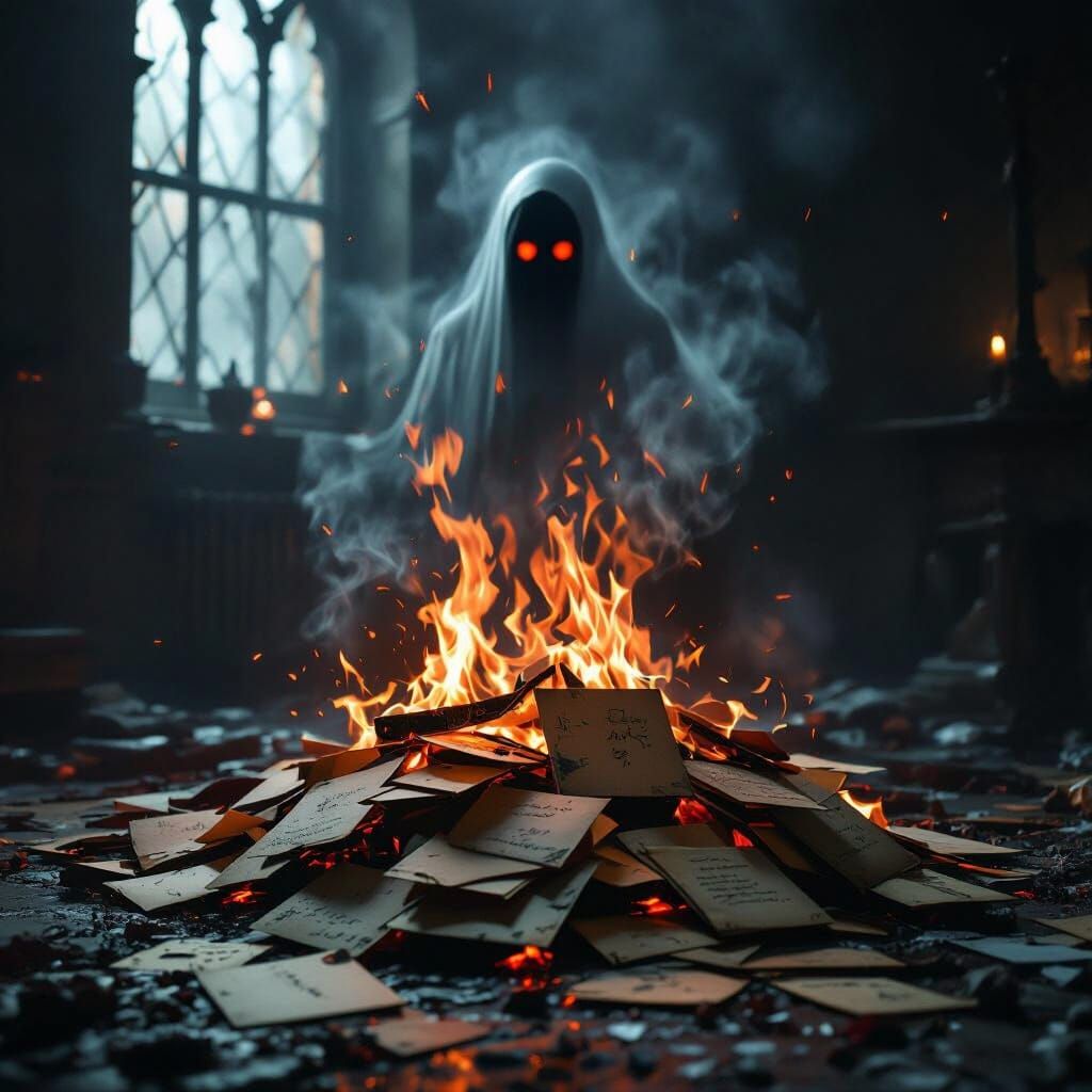 Burning Letters in Haunted Room with Ghostly Shadow