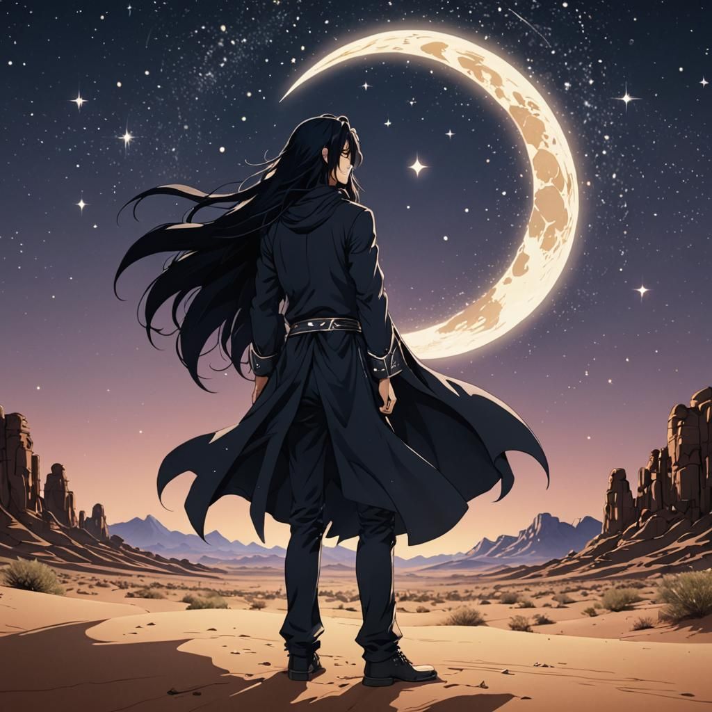 Anime Man in Desert Under Moonlight, Cel-Shaded Style
