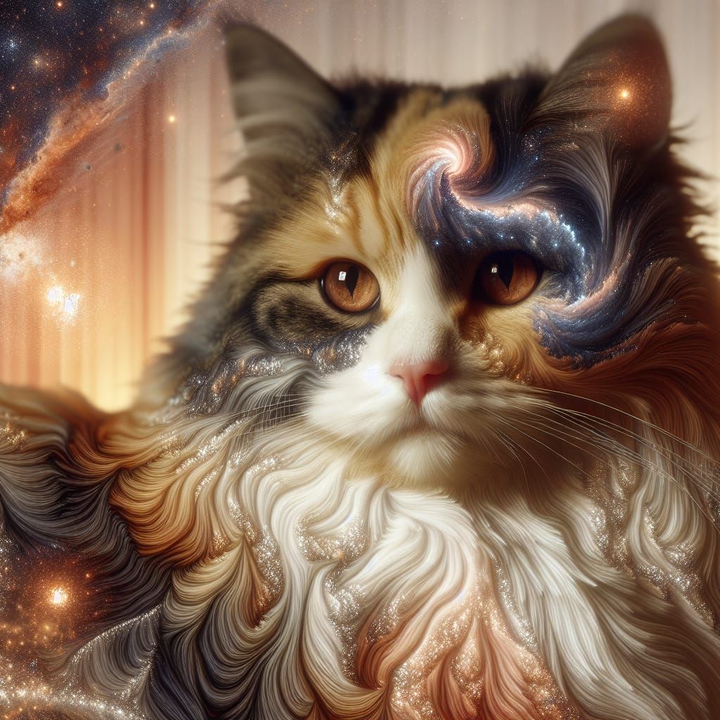 Calico Cat in Cosmic Dreamscape: Hyper-Realistic 3D Art