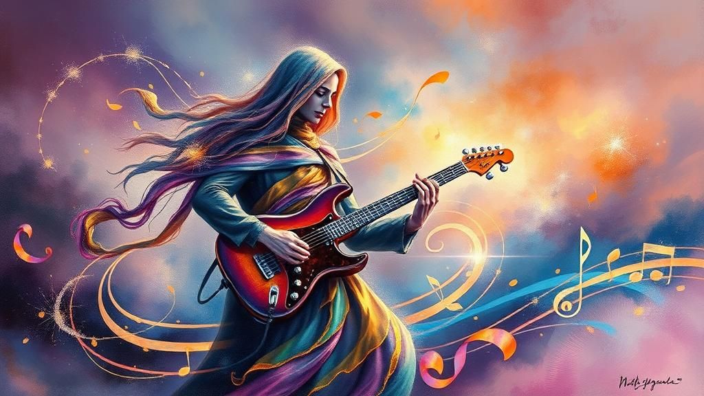 Mystical Guitarist in Swirling Aurora of Music