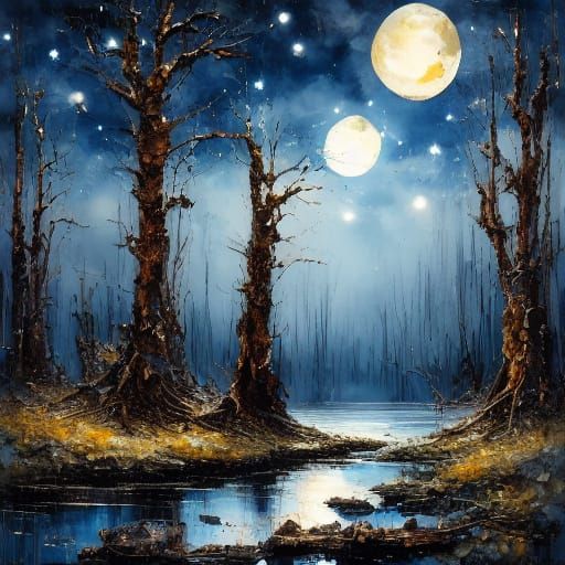 Moonlit Forest Landscape in Dutch Oil Painting Style