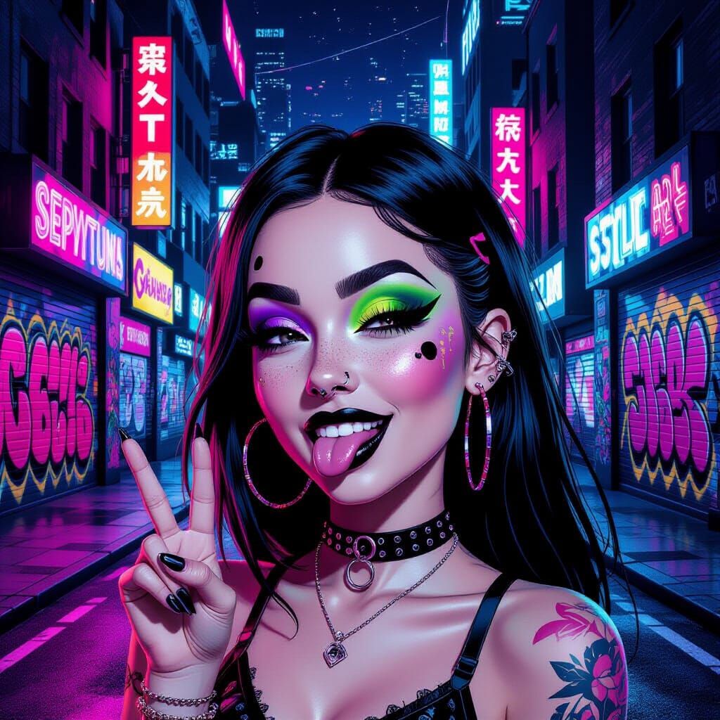 Cheeky Emo Girl Winks in Futuristic Cyberpunk City