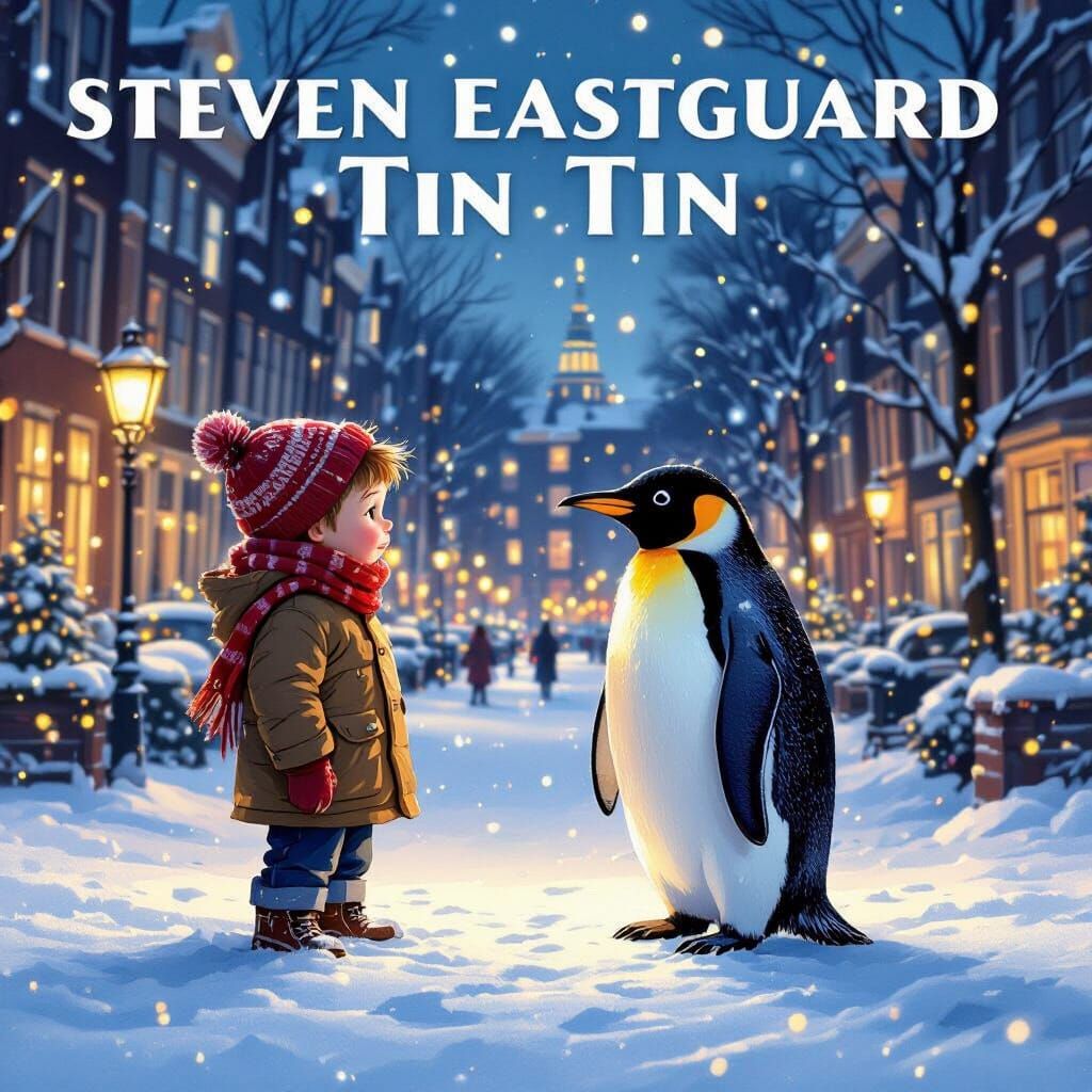 Boy and Penguin in Snowy Amsterdam Christmas Scene