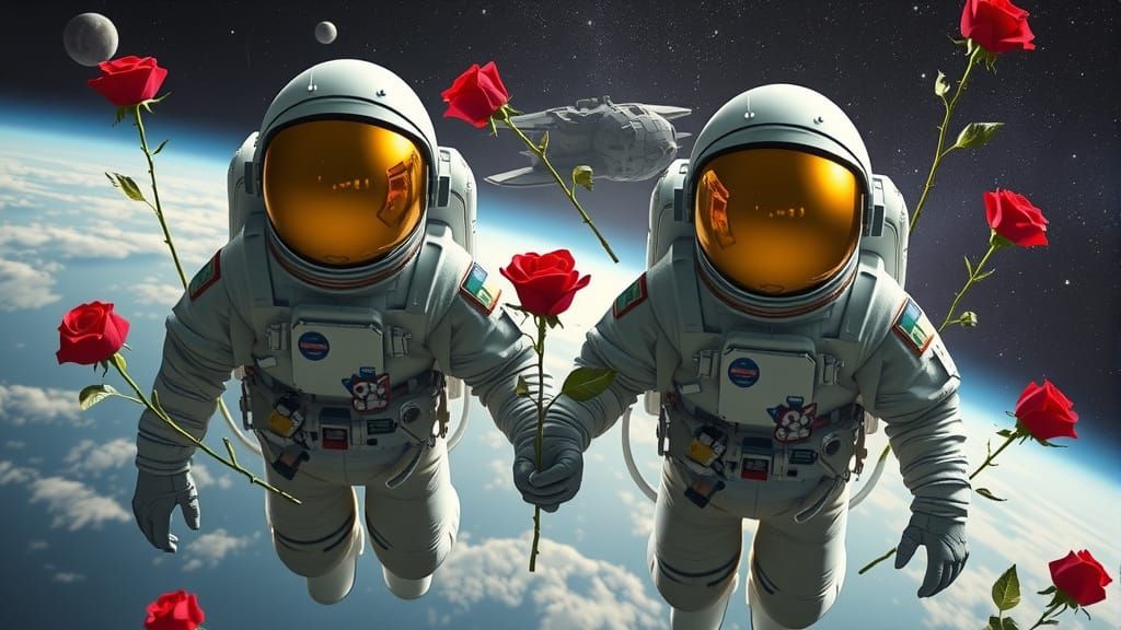 Romantic Astronauts in Space with Red Roses