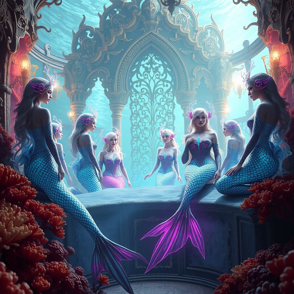Merfolk in Bioluminescent Coral Throne Room: Anime Style