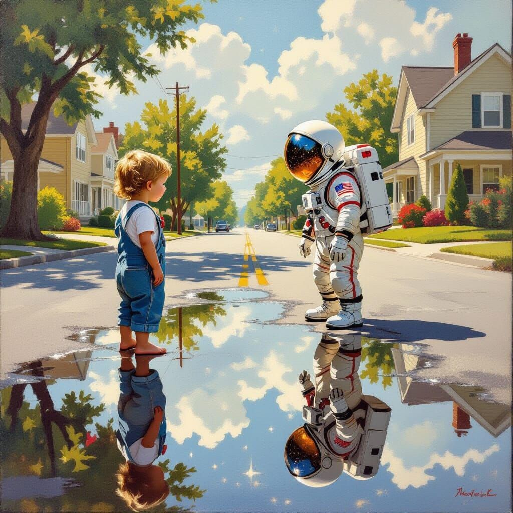 Child's Reflection Becomes Astronaut in Puddle