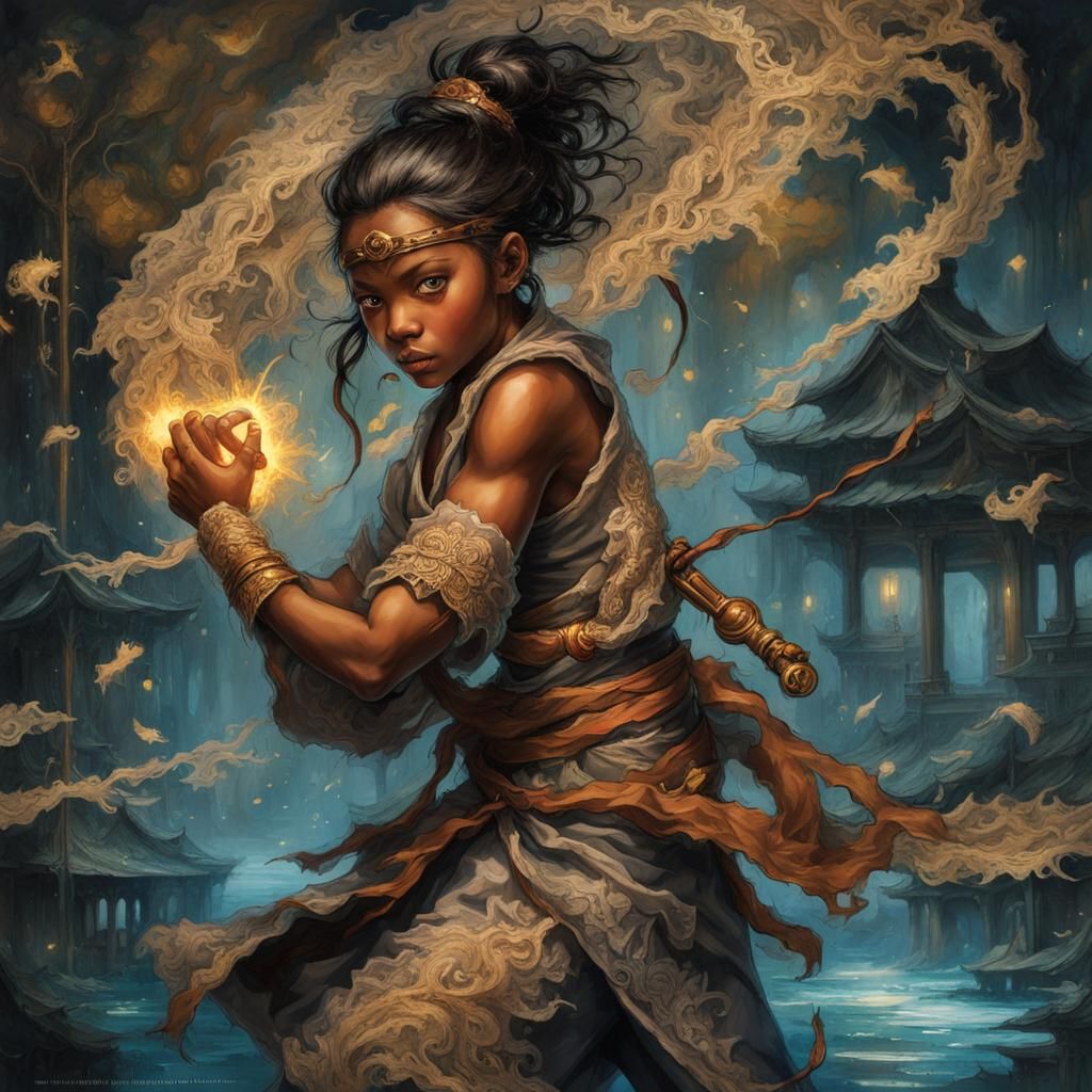 Bioluminescent Ninja Fight: Dark Fantasy Lace Art