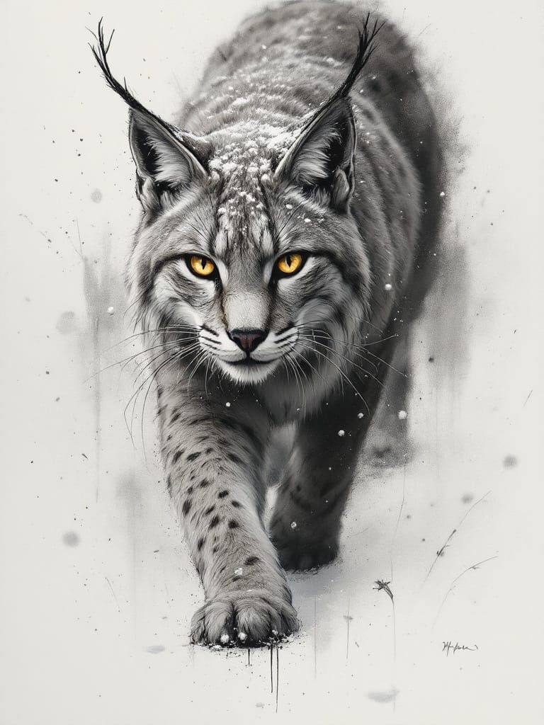 Charcoal Sketch of Lynx Walking Through Snowy Landscape