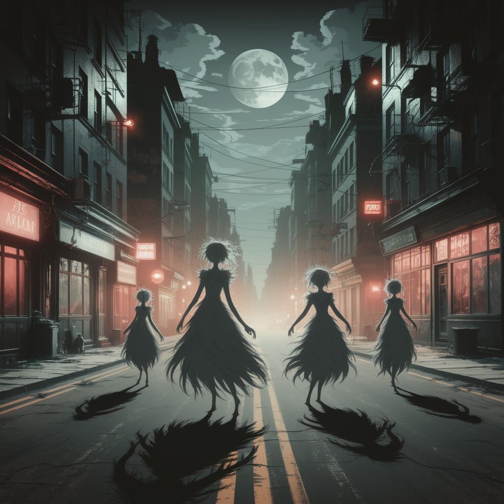 Ethereal Beings Wander a Dark, Distopian Cityscape