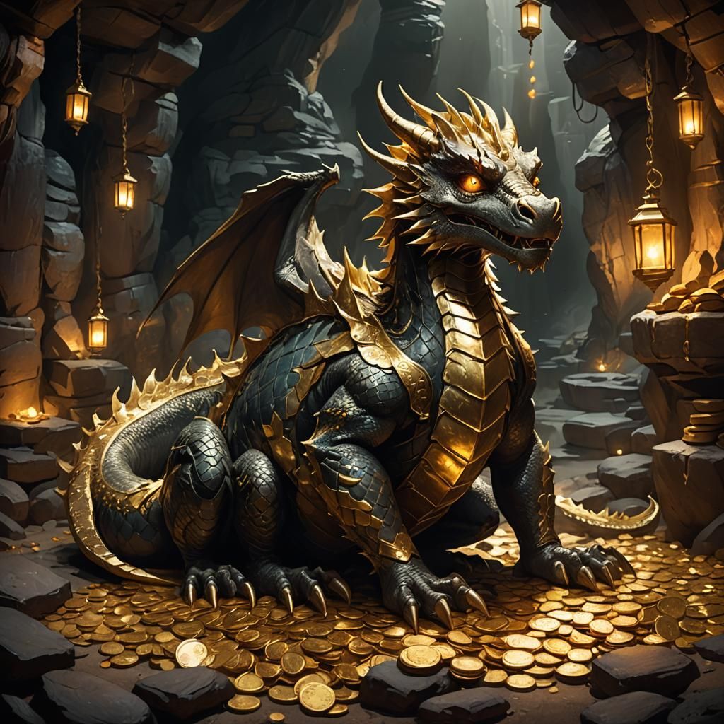 Tired Dragon on Gold Coins in Dimly Lit Cave
