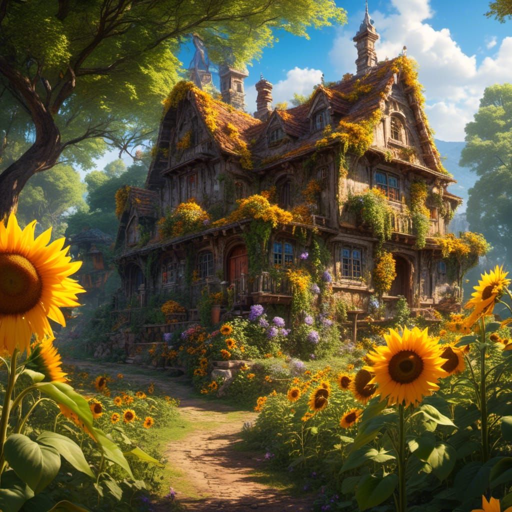 Giant Sunflower Tiny Village House: Fantasy Concept Art