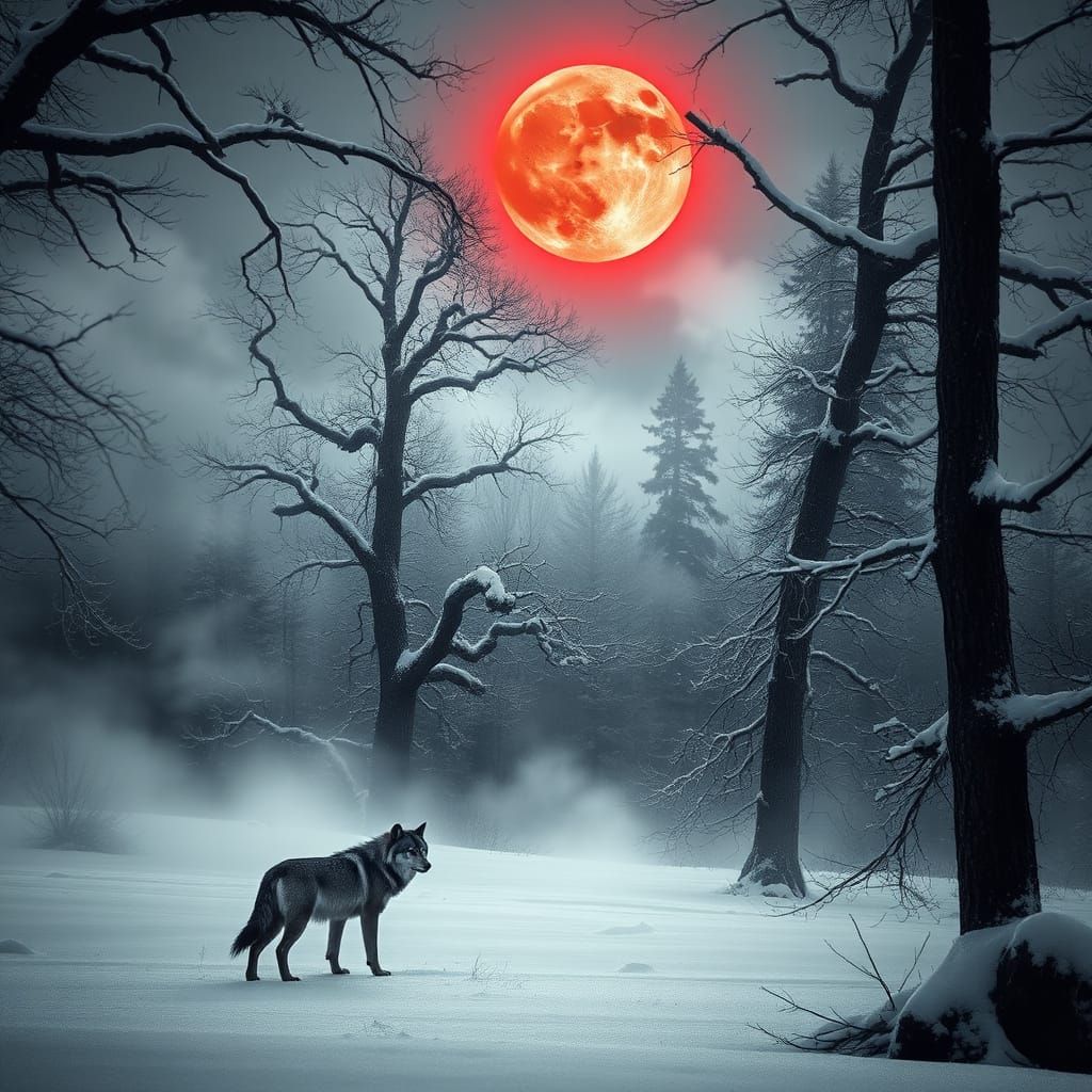 Lone Wolf Under Red Moon in Snowy Forest