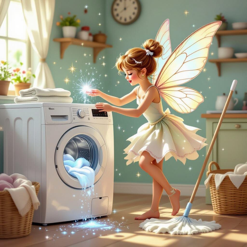 Whimsical Fairy Cleans Laundry and Dishes with Magic Dust