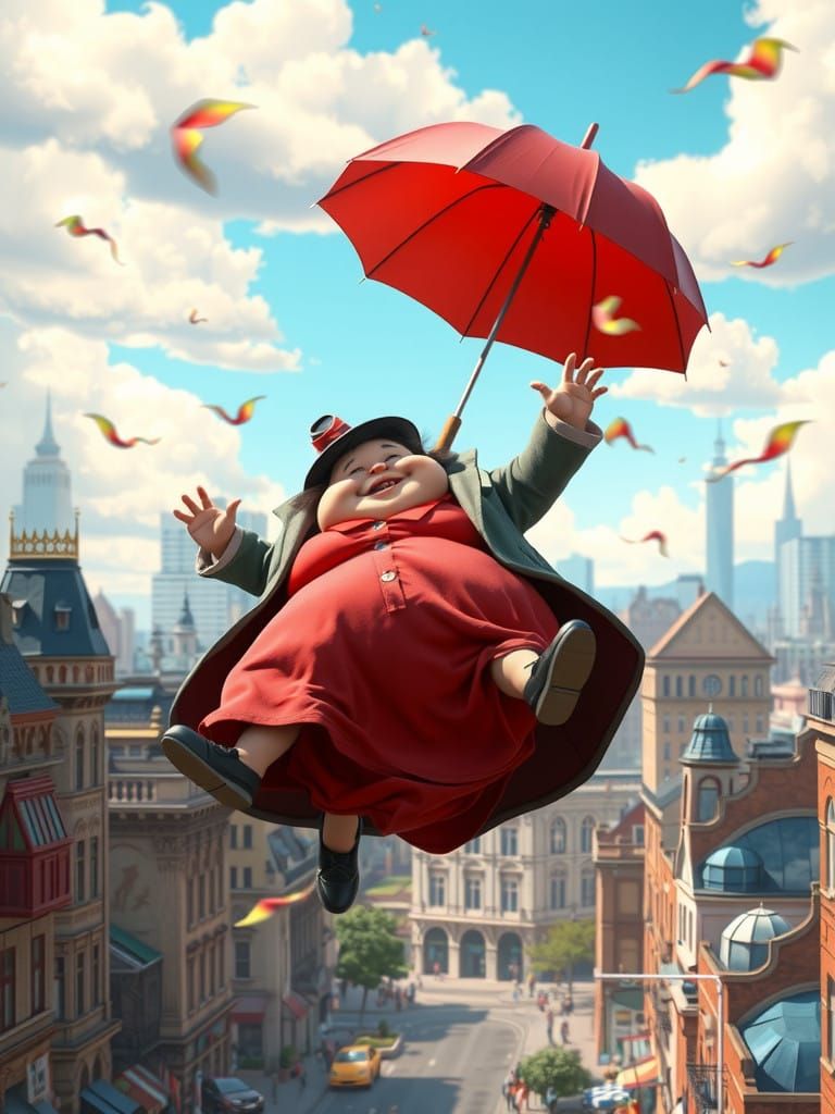 Mary Poppins in Free Fall Over a Bustling Metropolis
