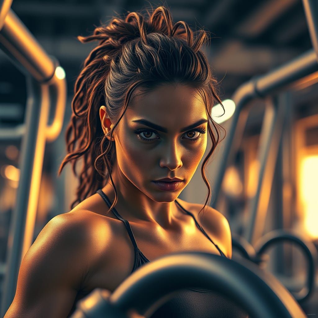 Determined Woman in Futuristic Gym, Cinematic Style