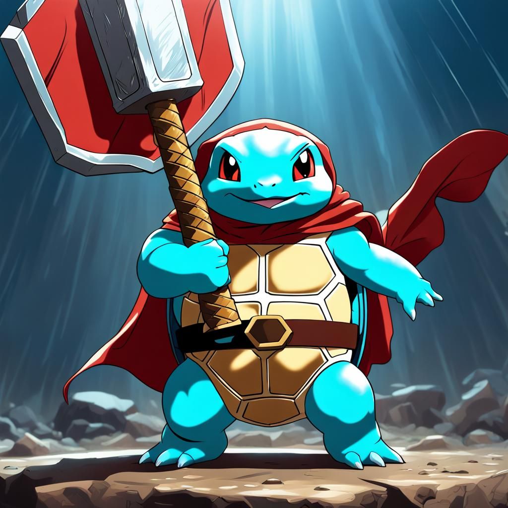 Squirtle dressed as thor from marvel with the red cape holding thors hammer