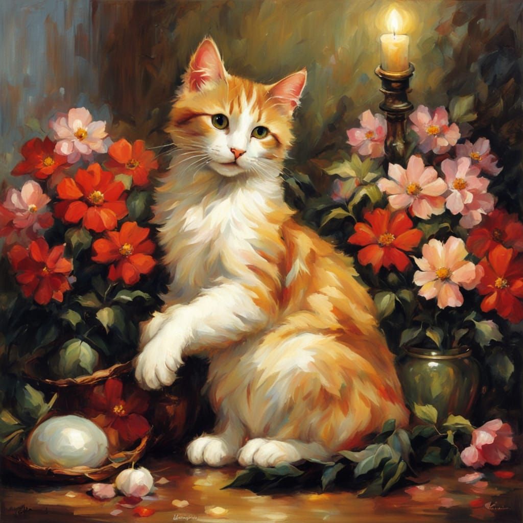 Whimsical Cat Among Blooming Flowers in Soft Light