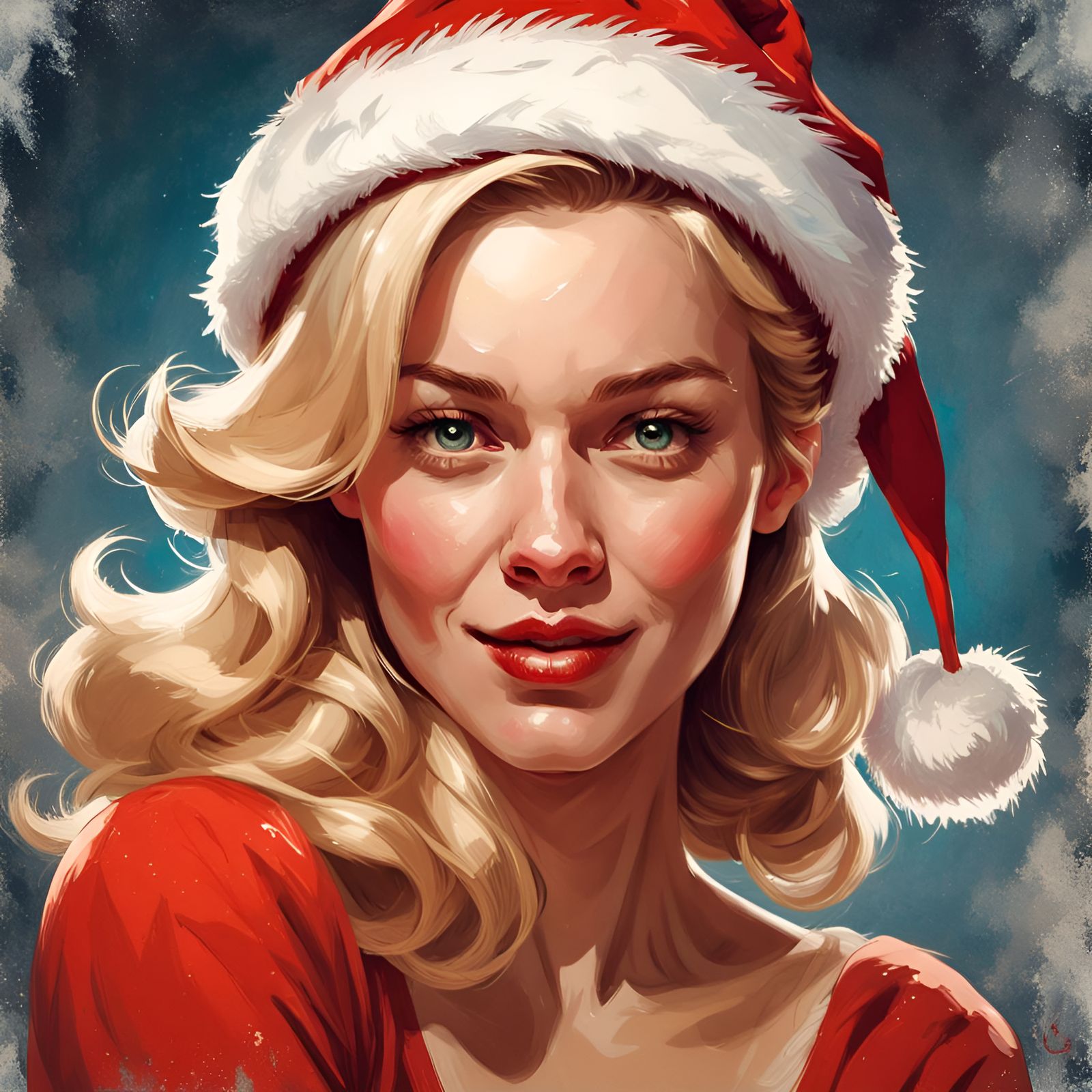 Blonde Woman in Santa Hat Digital Illustration
