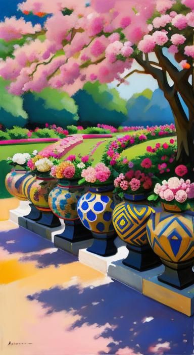 Geometric Conga Line with Peonies and Sphinx