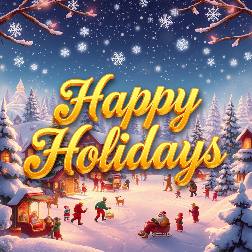 Golden "Happy Holidays" in 3D Winter Wonderland