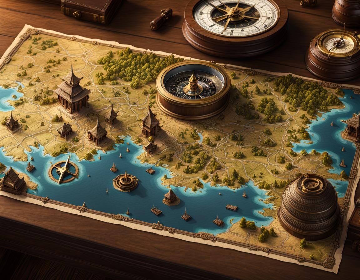 Intricate Fantasy Maps on Oak Desk