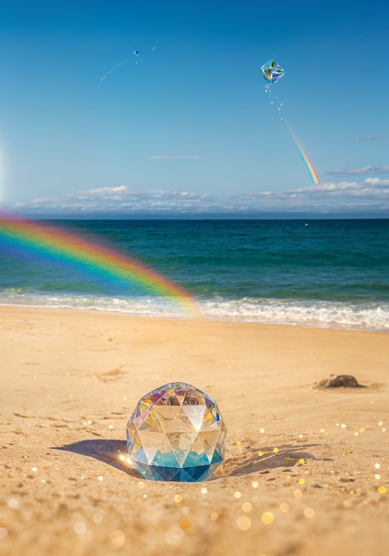 Crystal Prism Creates Rainbow on Sandy Beach