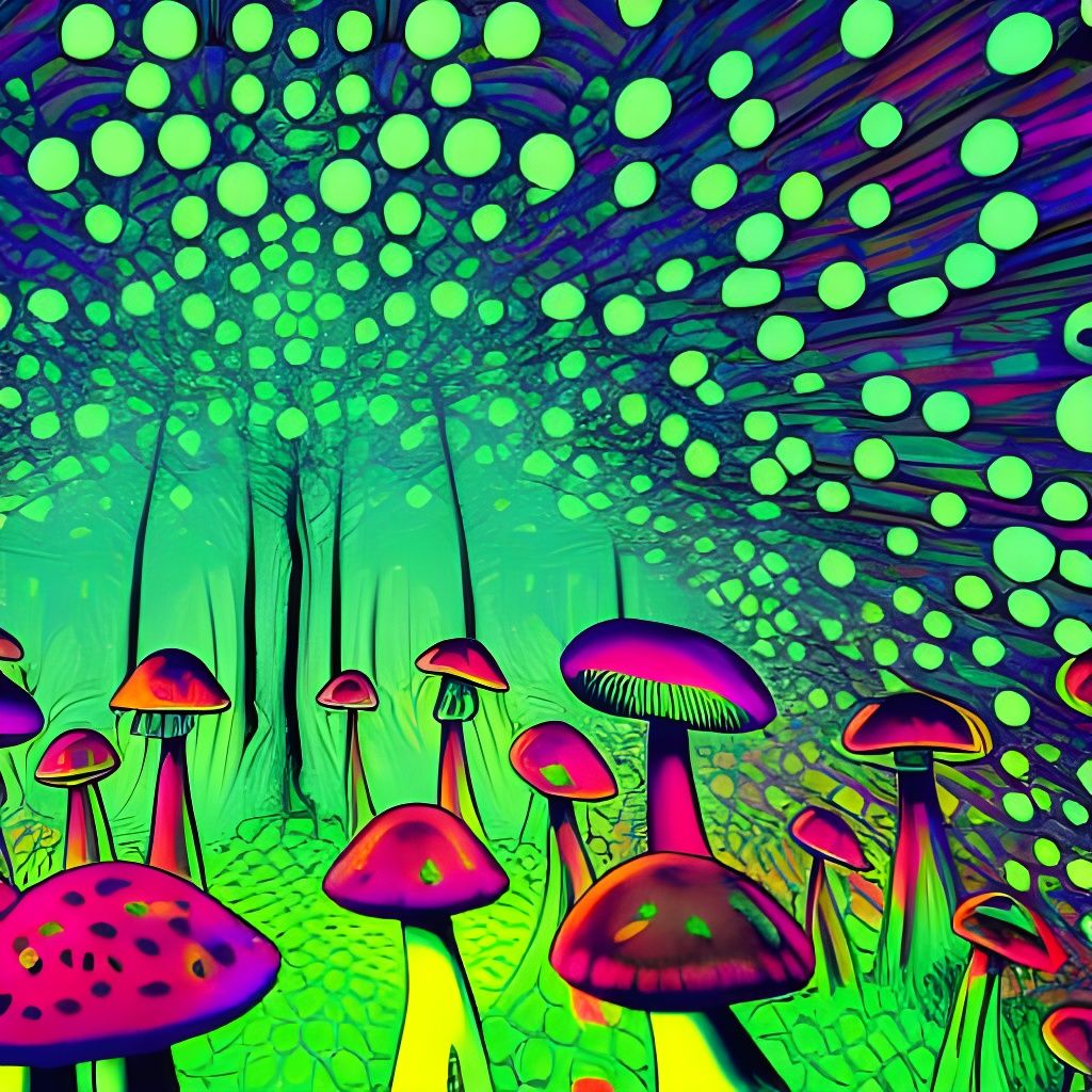 Neon Mushrooms in Astral Forest: Holographic Illustration