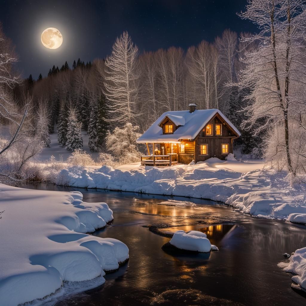 Winter Wonderland Cottage by a Frozen Creek