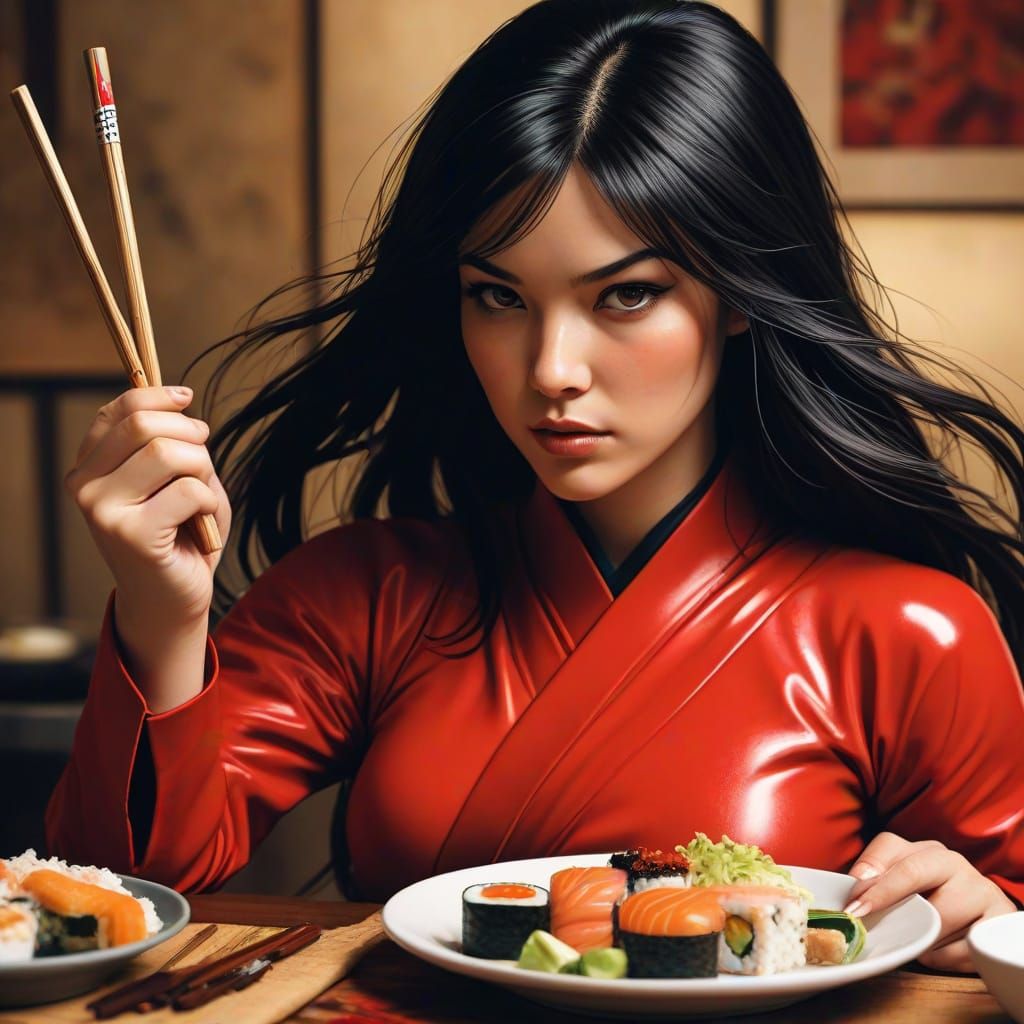 Vibrant Ninja Sushi in Comic Book Style