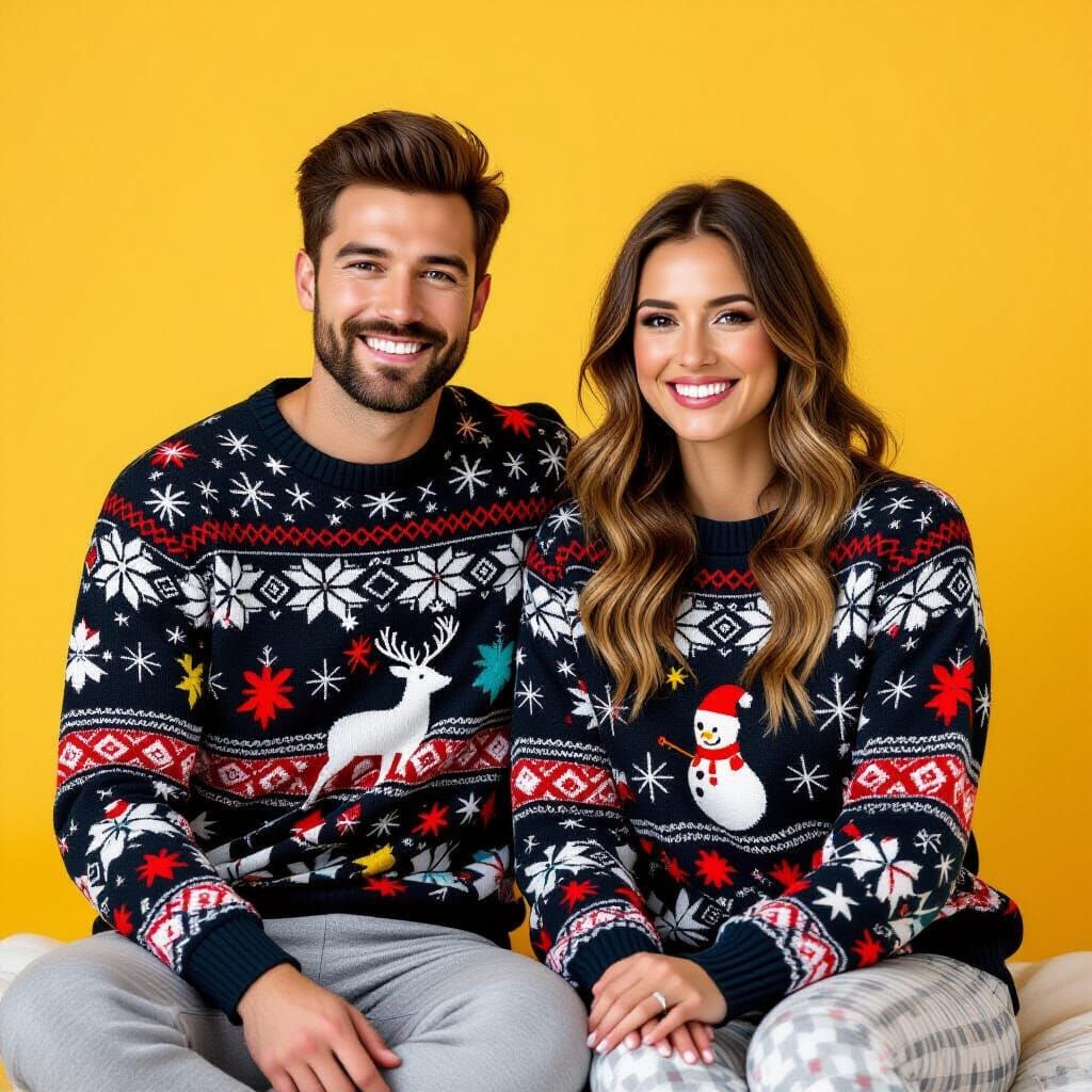 Couple in New Year Sweaters Posed Photorealistically