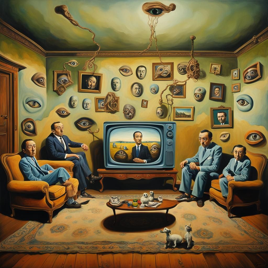 Disturbing Surrealist Family Living Room in Oil