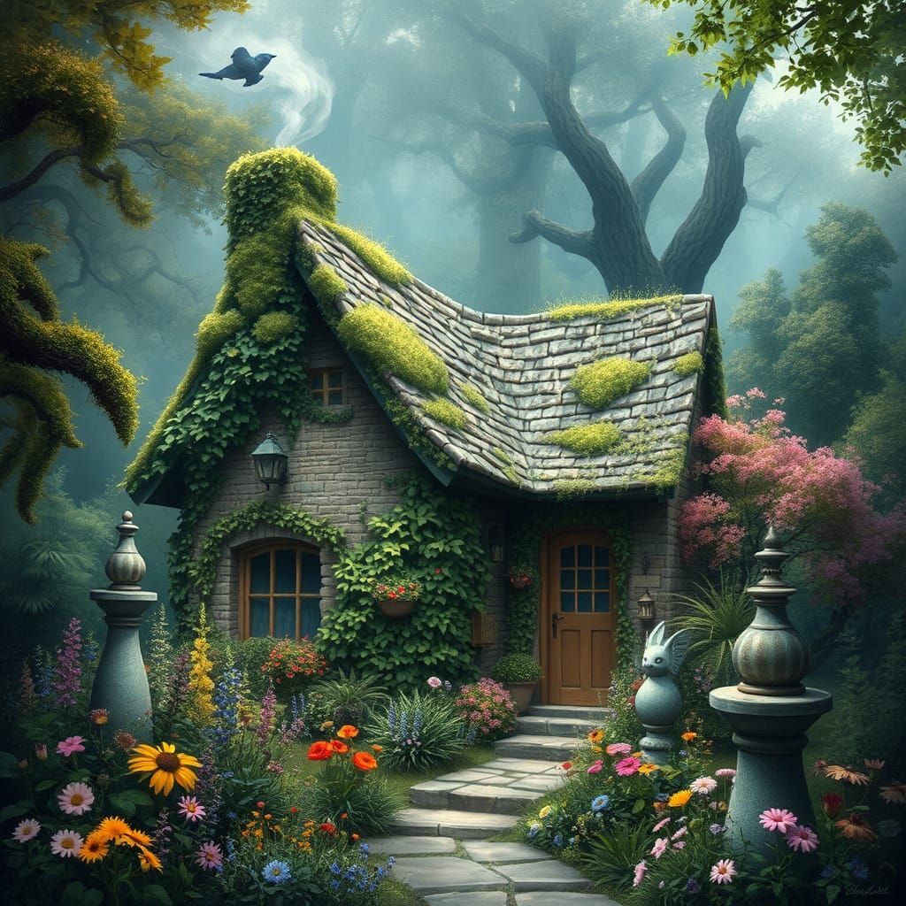 Enchanted Cottage in Misty Forest, Impressionistic Digital A...