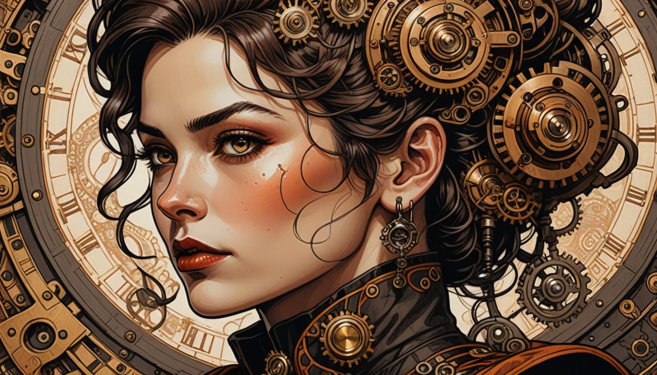 Steampunk Woman Portrait with Expressive Line Art