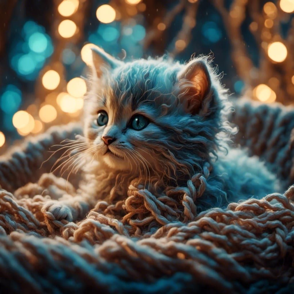 Fluffy Kitten Plays with Yarn: Macro Photography