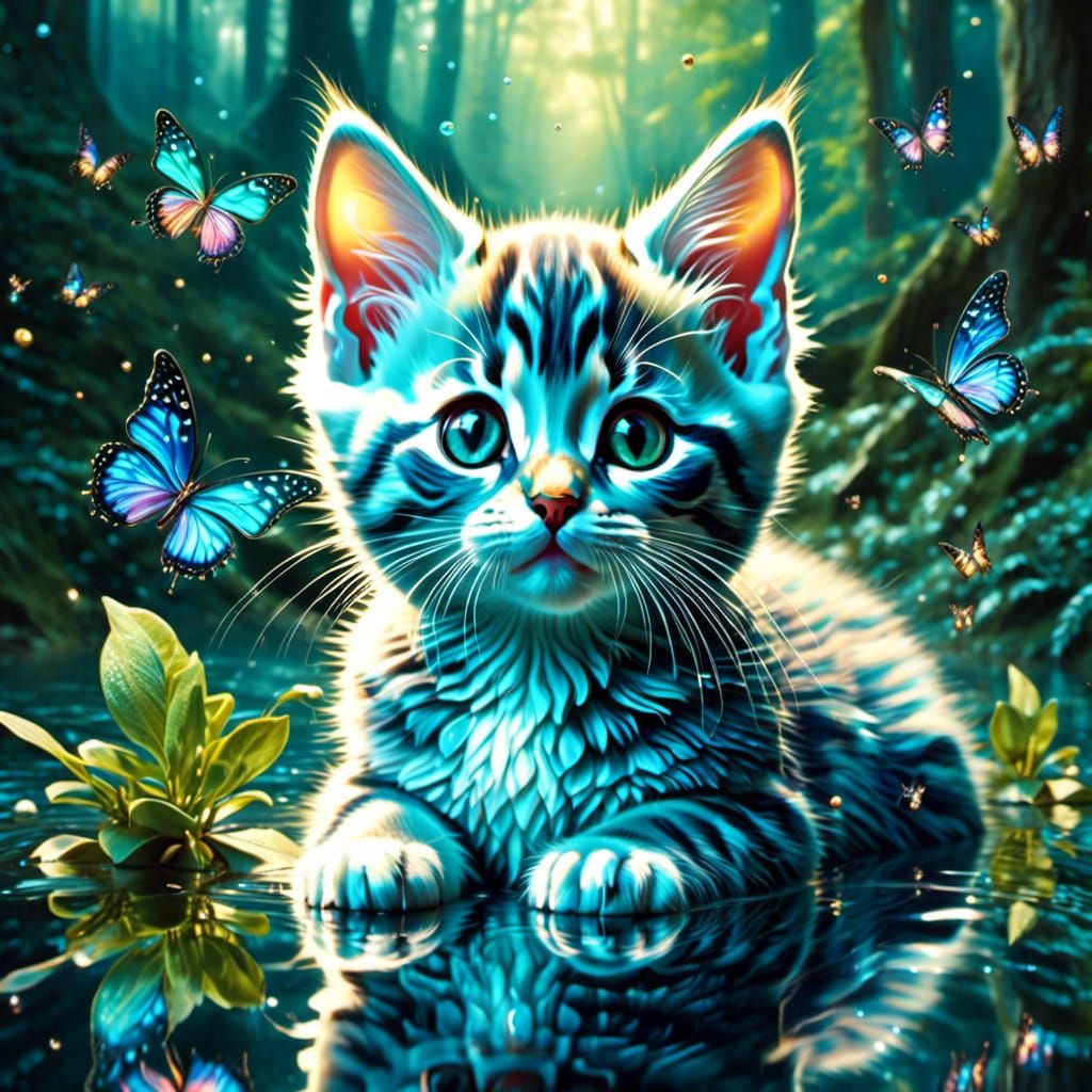 Iridescent Kitten in Enchanted Forest, Watercolor Style