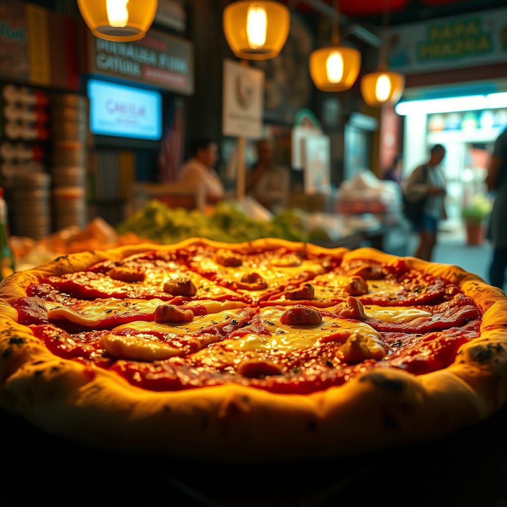 Hyperrealistic Italian Pizza in Bustling Market