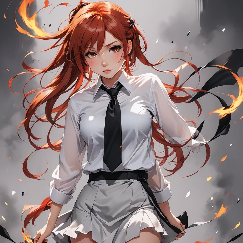 Anime Girl with Fiery Hair, Genshin Impact Style
